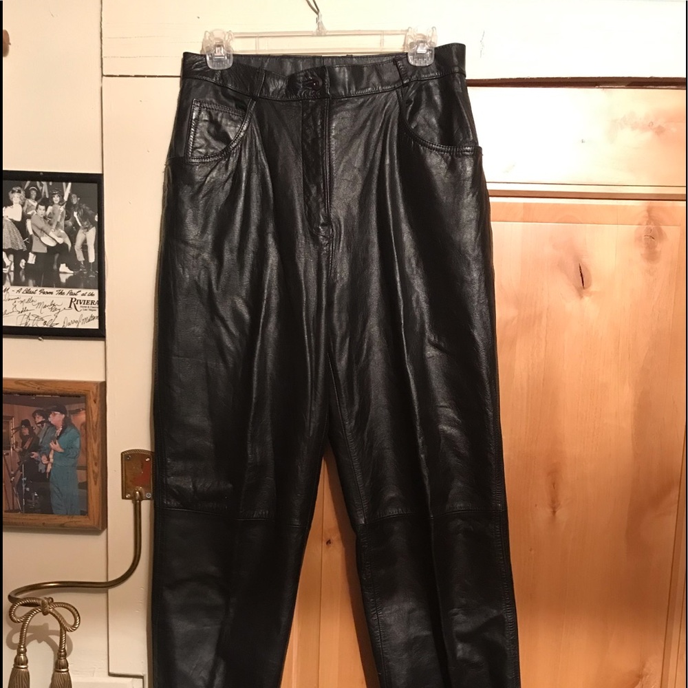 Black Leather pants, 15/16, 34”inseam semi lined